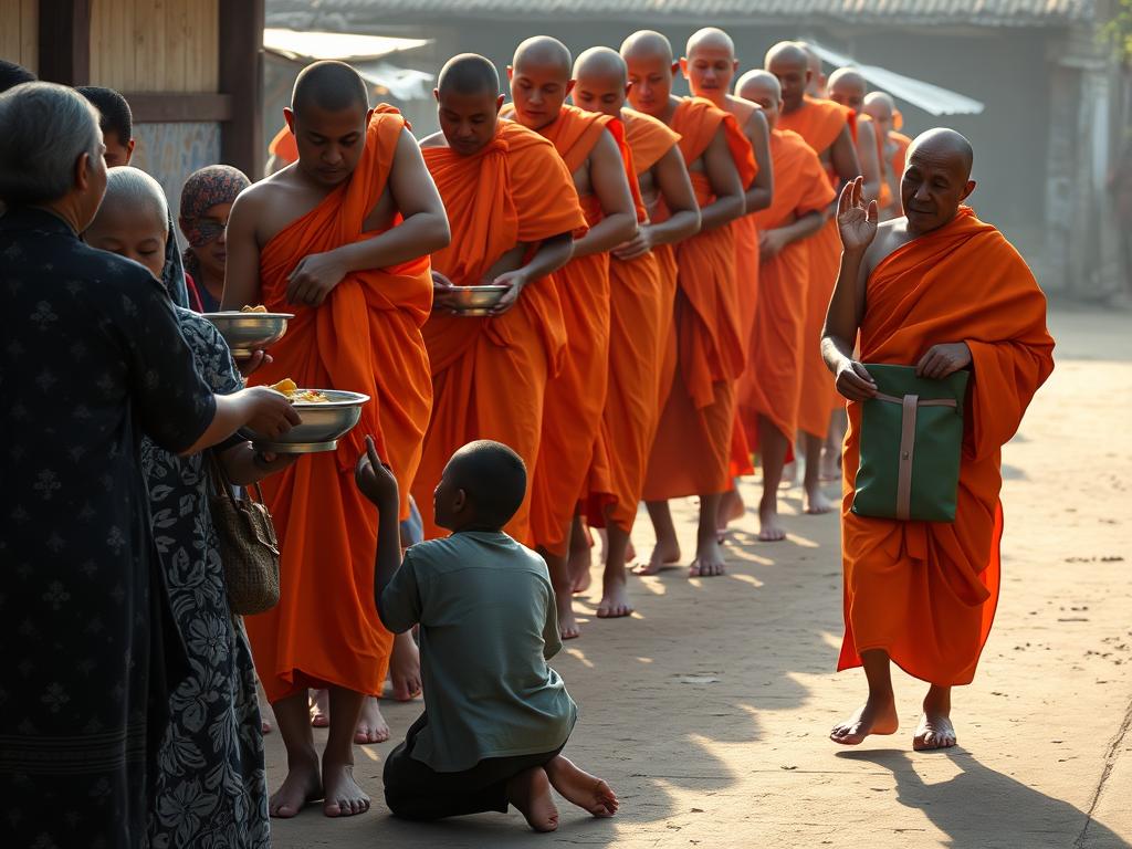 Monges Theravada em procissão de esmolas matinal no Sudeste Asiático