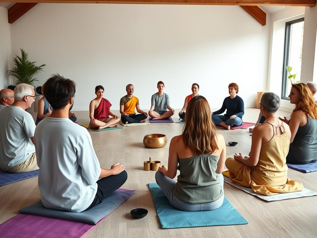 Centro de meditação ocidental com praticantes diversos em retiro de mindfulness