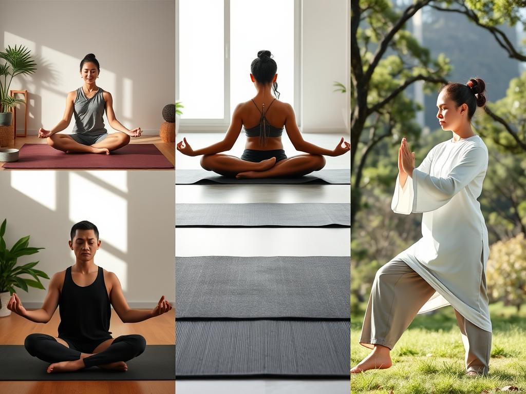 Diversas práticas contemplativas orientais mostrando meditação, yoga e artes marciais internas