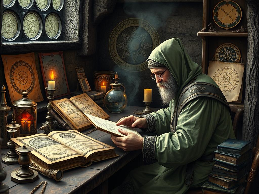 Alquimista medieval estudando símbolos esotéricos em laboratório antigo