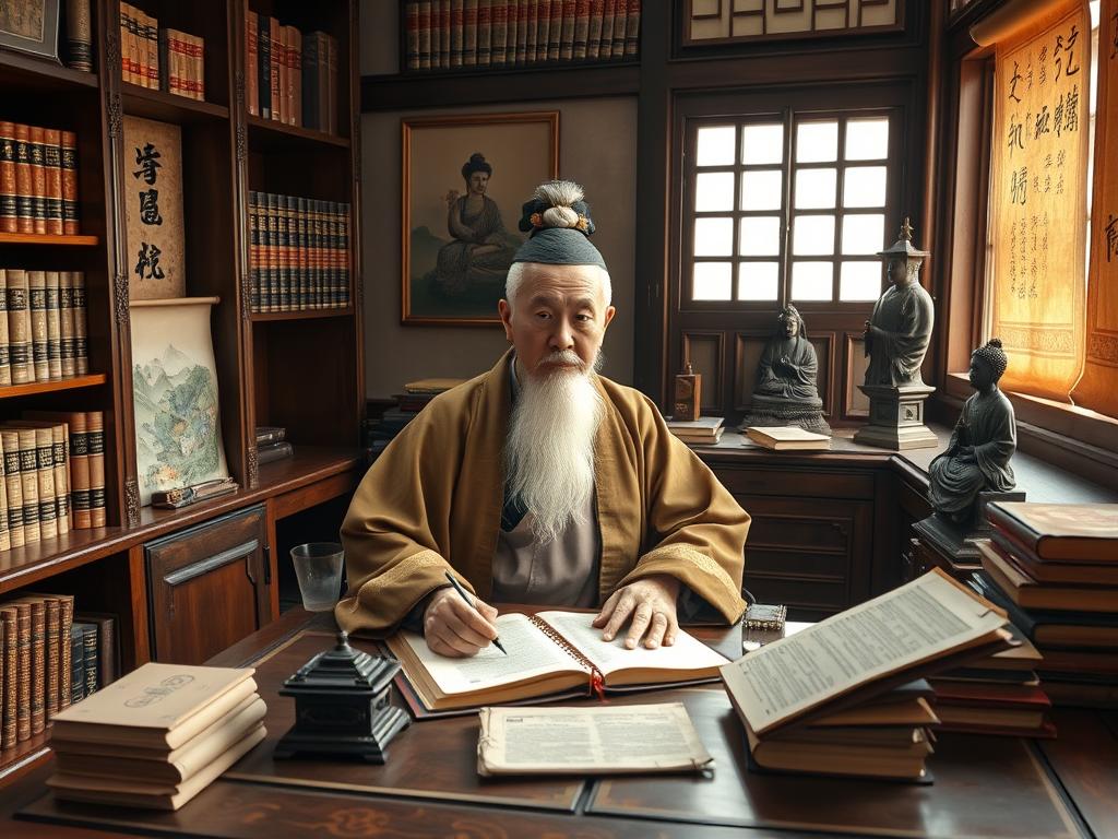 Estudioso neo-confucionista com textos clássicos e elementos das três tradições