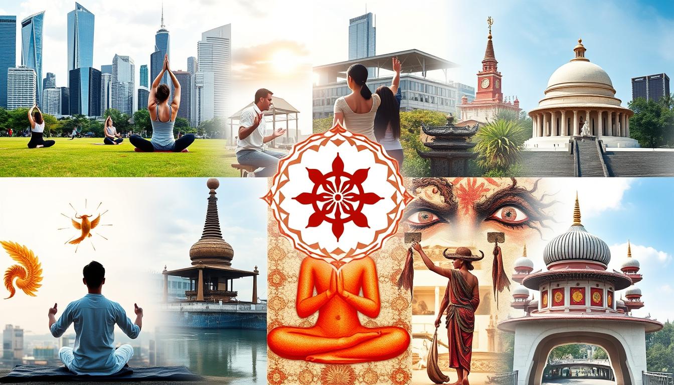 Colagem mostrando a influência das religiões orientais na cultura global contemporânea