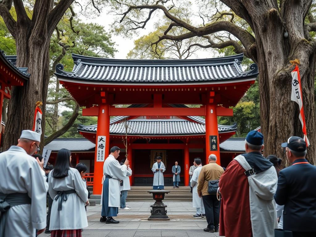 Santuário xintoísta com portões torii e sacerdotes realizando ritual de purificação