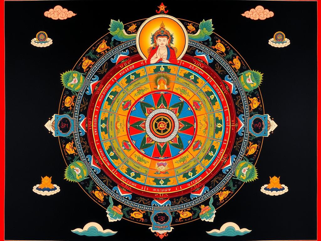 Representação da roda do samsara budista mostrando os ciclos de existência