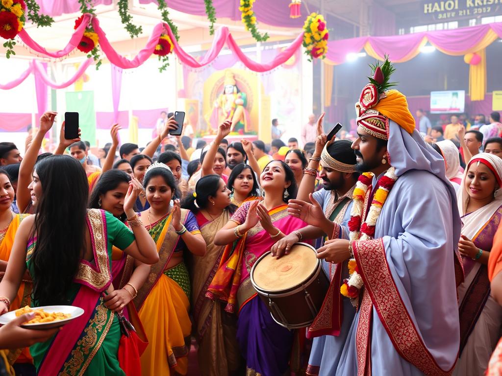 Devotos Hare Krishna em festival com danças, cantos e celebração colorida