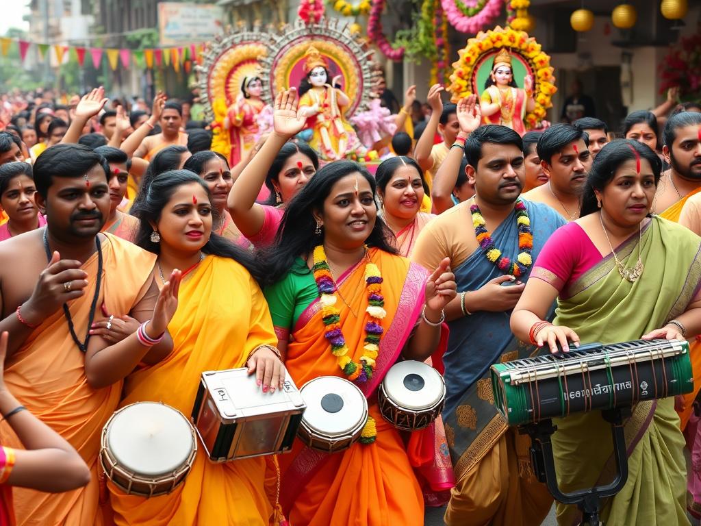 Devotos Hare Krishna em procissão festiva com canto de mantras e danças devocionais