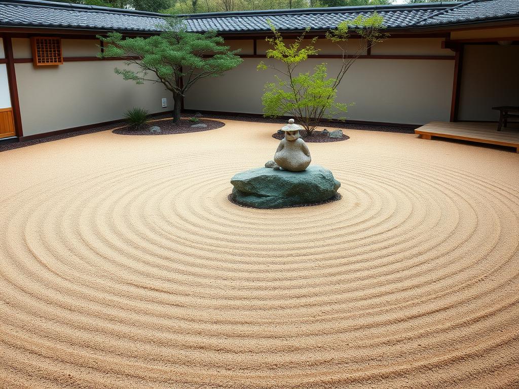 Jardim zen japonês representando o conceito de harmonia nas religiões orientais