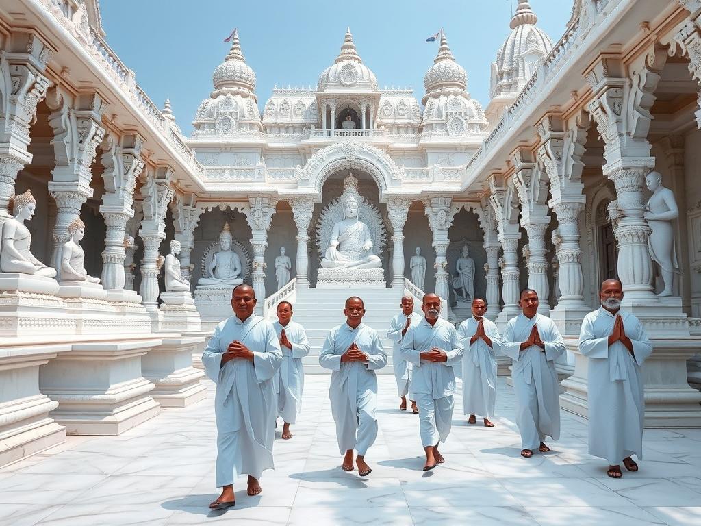 Templo jainista com estátuas de Tirthankaras e monges praticando ahimsa extrema