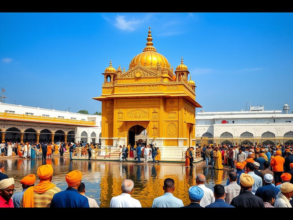 Templo Dourado sikh com devotos em oração e serviço comunitário no langar