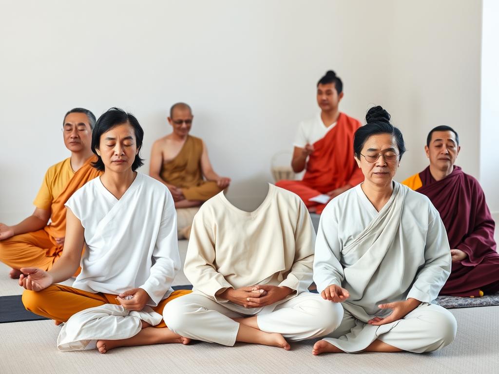 Praticantes de diversas tradições em diferentes posturas meditativas