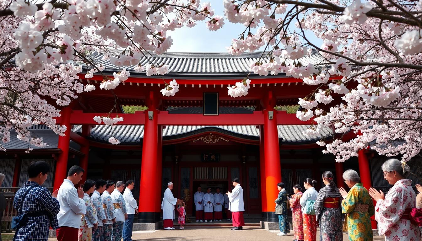 Santuário xintoísta com portões torii e cerimônia tradicional japonesa