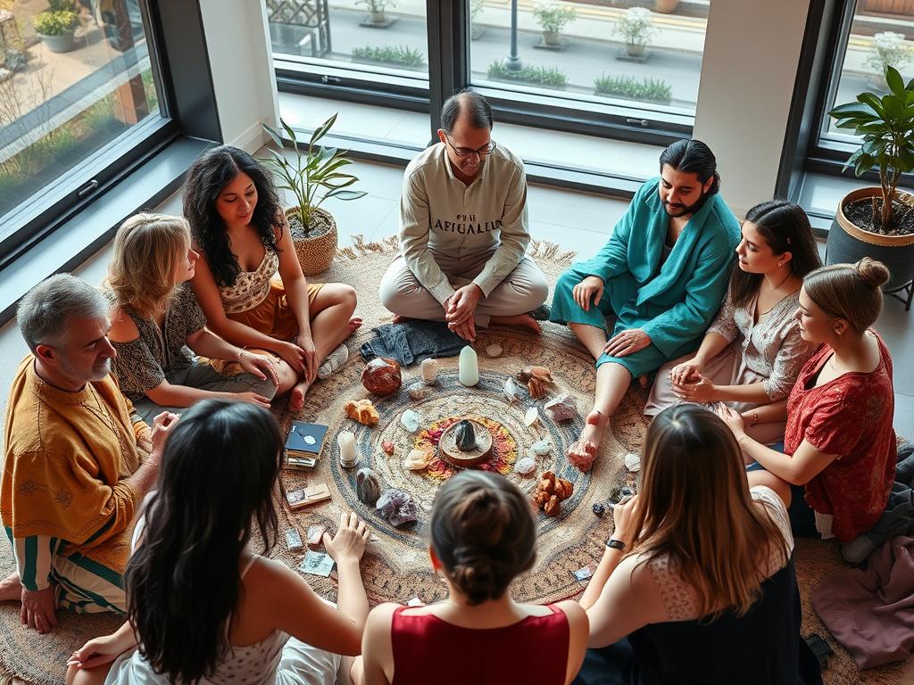 Grupo diverso em círculo de cura com cristais e símbolos espirituais modernos