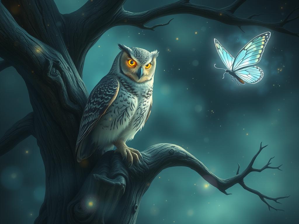Coruja e borboleta como mensageiros espirituais em cenário místico
