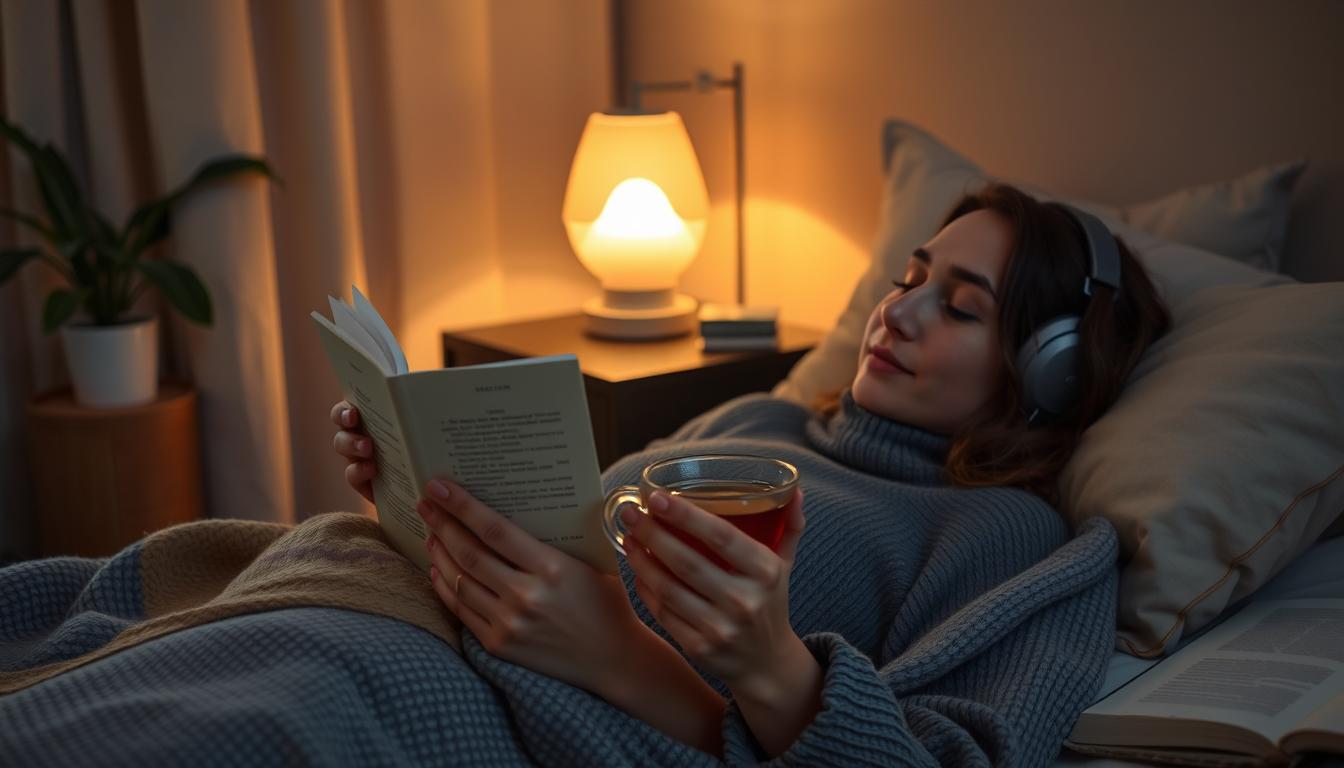 Pessoa realizando rotina noturna de relaxamento com livro e chá