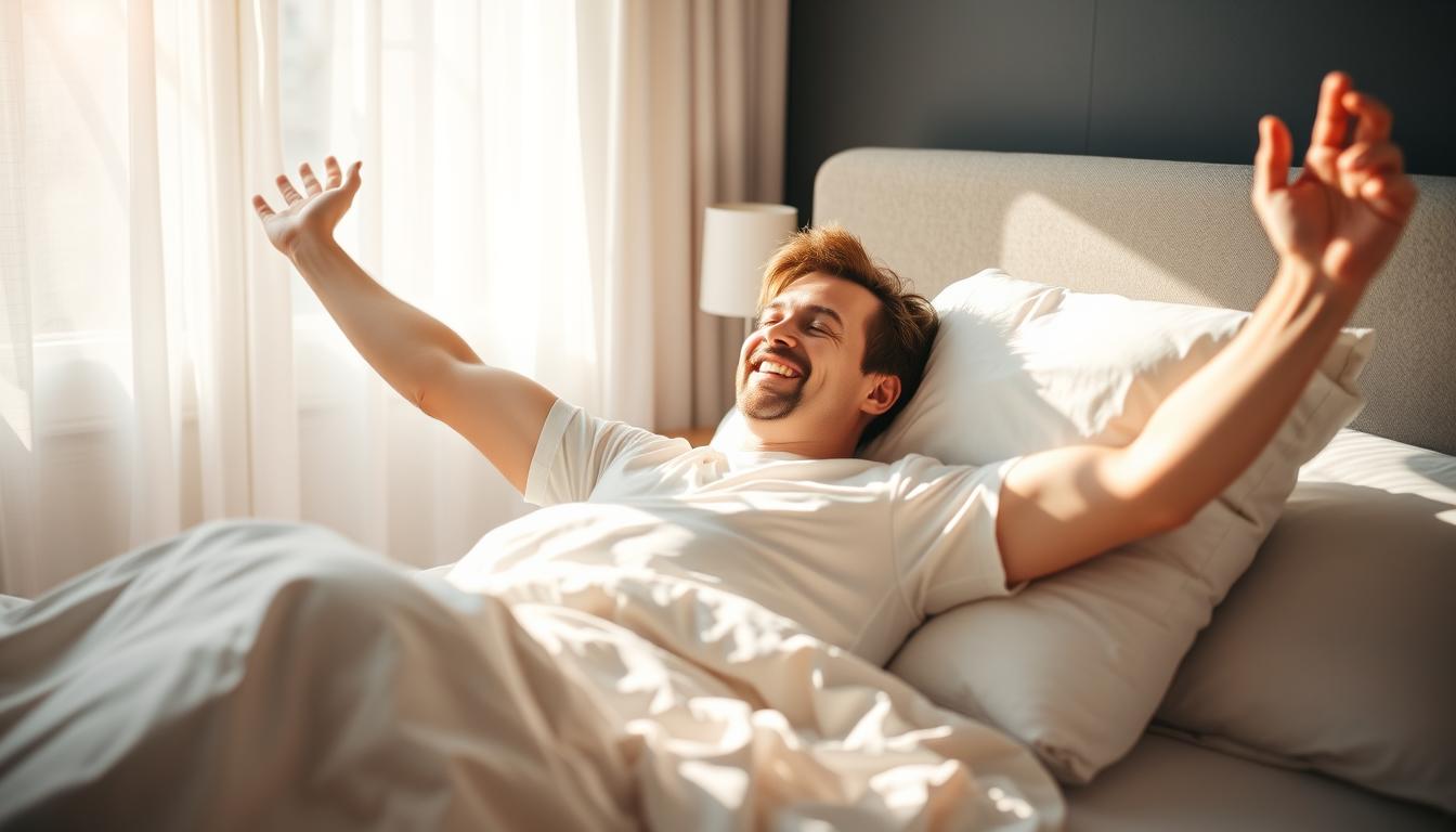 Pessoa despertando revigorada após uma noite de sono e recuperação de qualidade