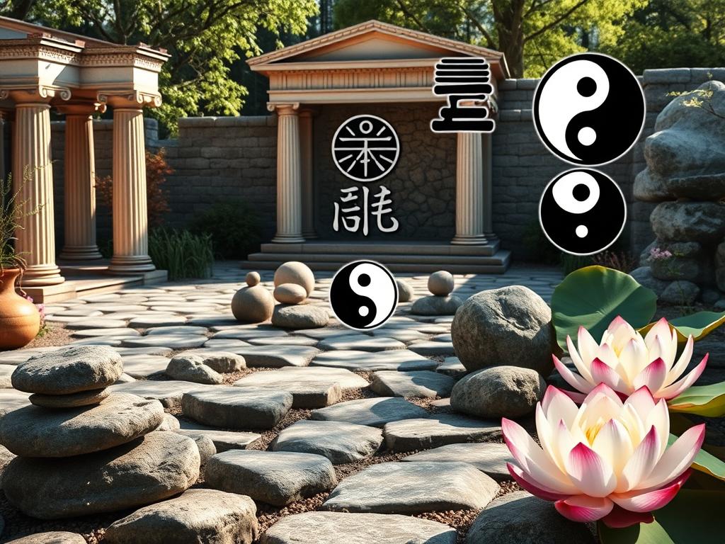 Representação de filosofias antigas que influenciam o estilo consciente moderno