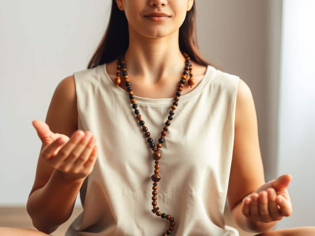 Pessoa meditando com mala (rosário) recitando mantras para equilíbrio emocional