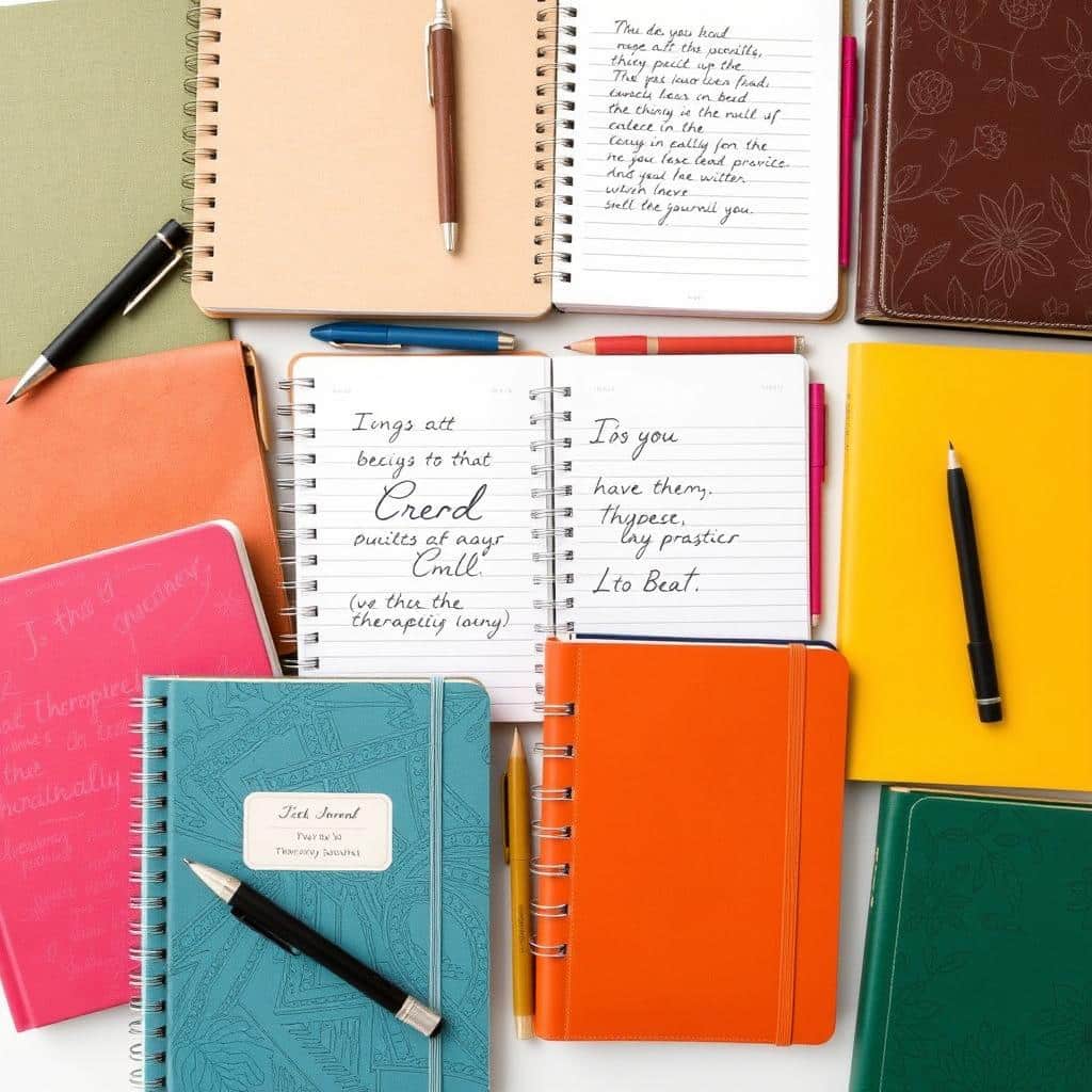 Diversos tipos de diários e cadernos para diferentes práticas de escrita terapêutica