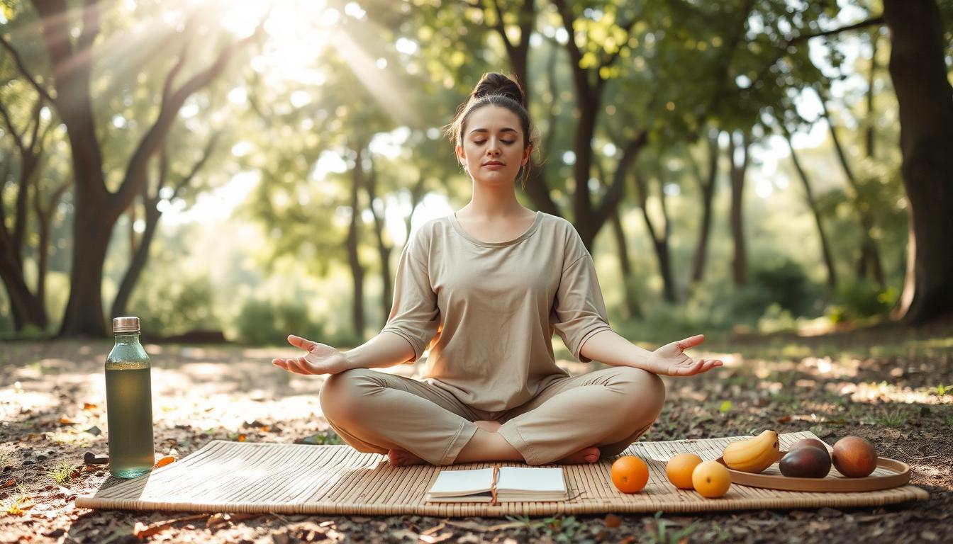 Pessoa praticando meditação em ambiente natural com elementos de estilo consciente