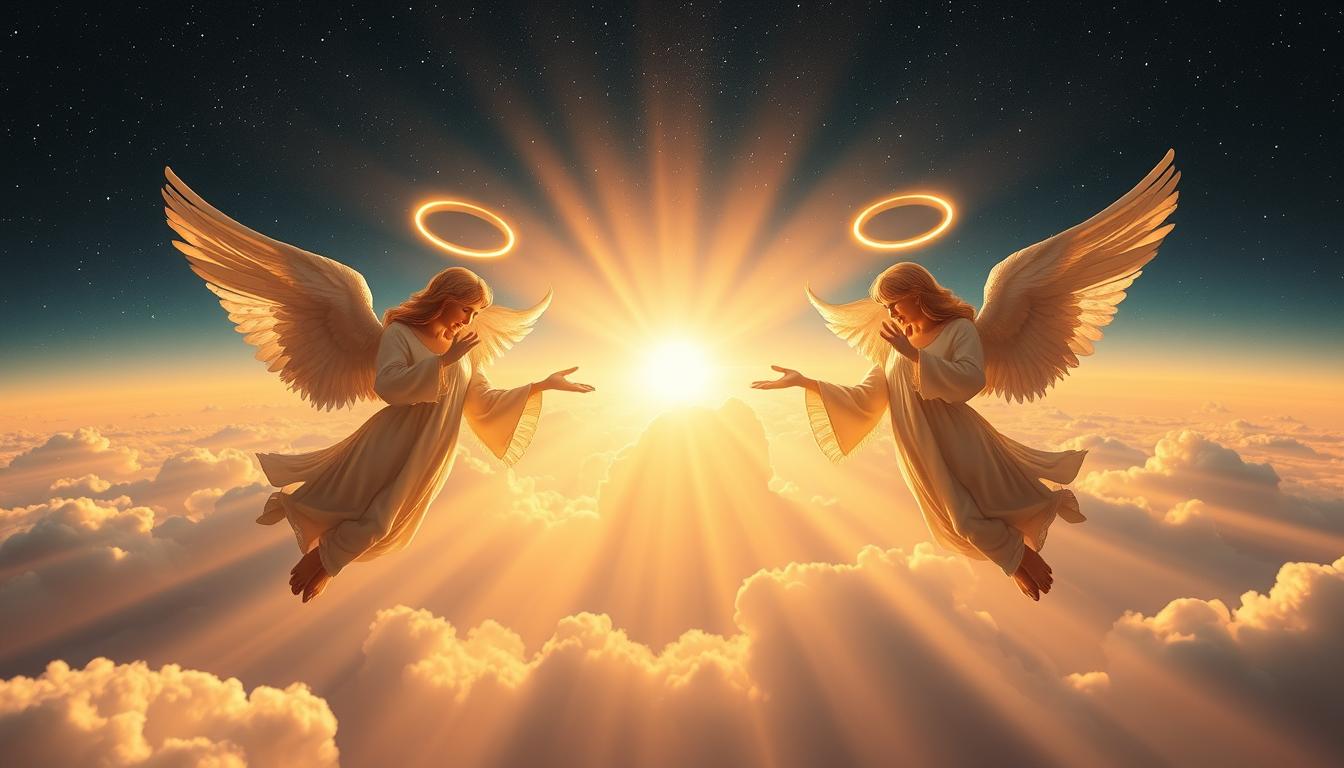 A celestial scene depicting the powers and gifts of angels. In the foreground, two angels with ethereal wings and glowing halos hover gracefully, their hands outstretched as they emanate divine energy. In the middle ground, rays of warm, heavenly light pierce through wispy, cloud-like formations, casting a serene and reverent atmosphere. The background features a vast, starry sky, hinting at the angels' connection to the cosmic realm. The lighting is soft and diffused, evoking a sense of transcendence and spiritual enlightenment. The overall composition conveys the majesty, benevolence, and supernatural abilities of these celestial beings.