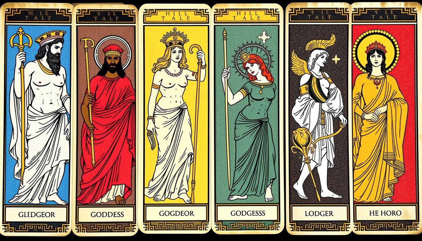 Cartas do Tarô Mitológico, com ilustrações que retratam deuses e heróis da mitologia grega.