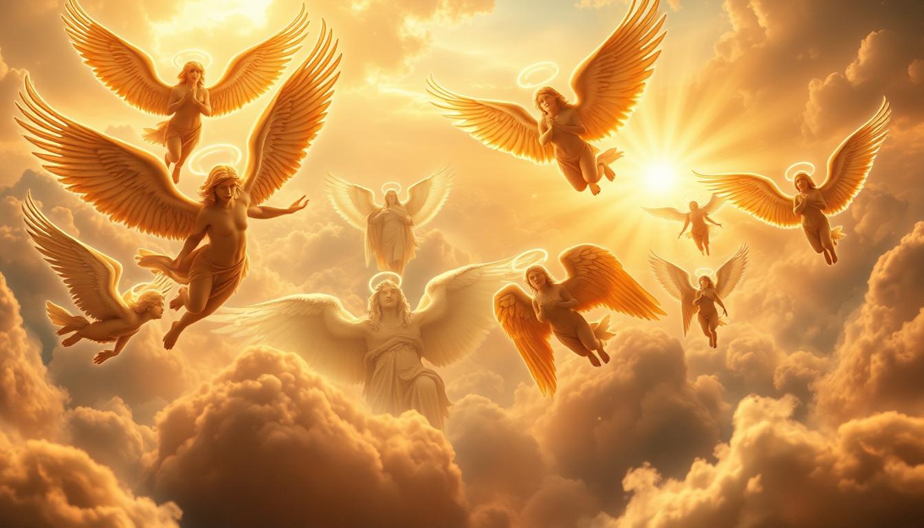 A celestial panorama of angels and other divine beings, bathed in a warm, golden light. In the foreground, seraphim with six wings and glowing halos hover gracefully, their faces serene and radiant. In the middle ground, cherubim with four faces and four wings soar through the ethereal realm, their eyes filled with wisdom and compassion. In the distance, archangels and principalities stand as majestic guardians, their forms shimmering with an otherworldly splendor. The scene is suffused with a sense of reverence and the presence of the divine, inviting the viewer to contemplate the celestial hierarchy and the mysteries of the heavens.