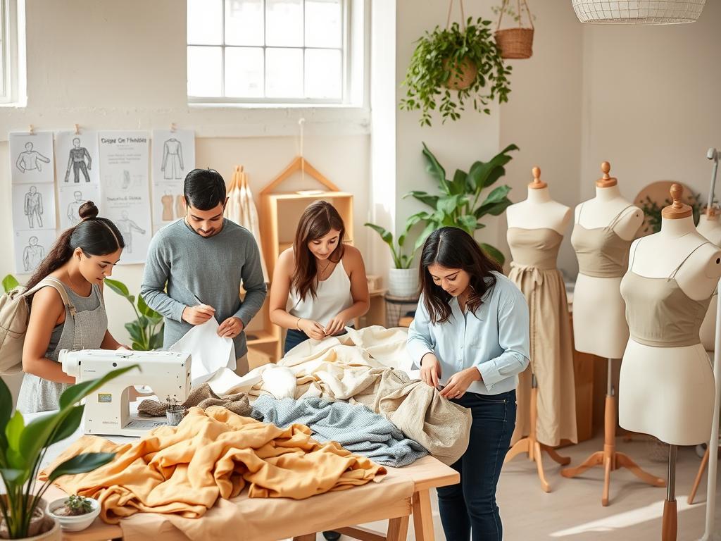 Empreendedores de moda consciente trabalhando com tecidos sustentáveis