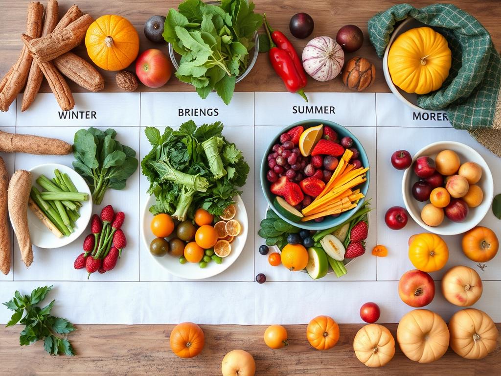 Mesa com alimentos sazonais de diferentes estações do ano