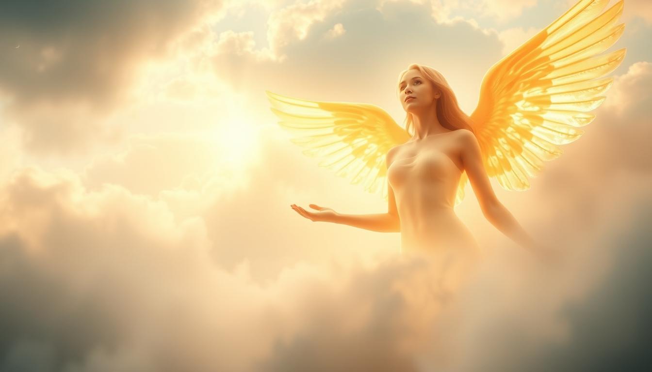A serene, ethereal scene of angelic communication. An ethereal female figure with glowing golden wings and a peaceful, luminous expression hovers in a dreamy, cloud-filled sky. Soft, diffused lighting filters through the clouds, casting a warm, heavenly glow. In the foreground, translucent angelic forms emerge from the mist, their hands outstretched in a gesture of connection and guidance. The background is filled with a faint, celestial radiance, hinting at the divine realm beyond. The overall atmosphere is one of tranquility, wonder, and a profound sense of spiritual enlightenment.