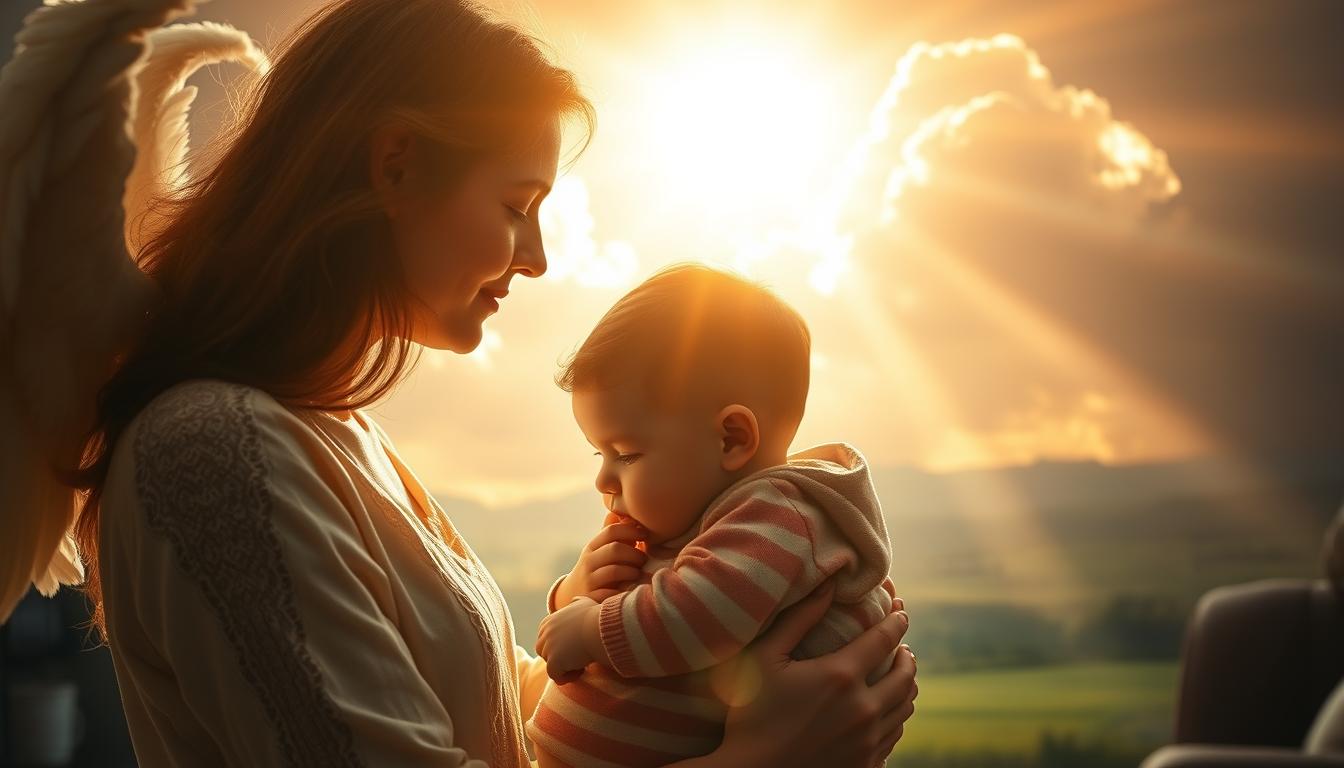A serene angelic figure casts a warm, protective glow over a tranquil domestic scene. In the foreground, a mother and child are embraced, their faces aglow with a sense of divine safekeeping. Soft, diffused light filters through billowing clouds in the middle ground, creating an ethereal, heavenly atmosphere. In the background, a peaceful, pastoral landscape unfolds, hinting at the guardian angels' ever-present watch over the mortal realm. Subtle, ambient rays of celestial light permeate the composition, imbuing the image with a profound sense of spiritual guardianship and divine intervention in the everyday.