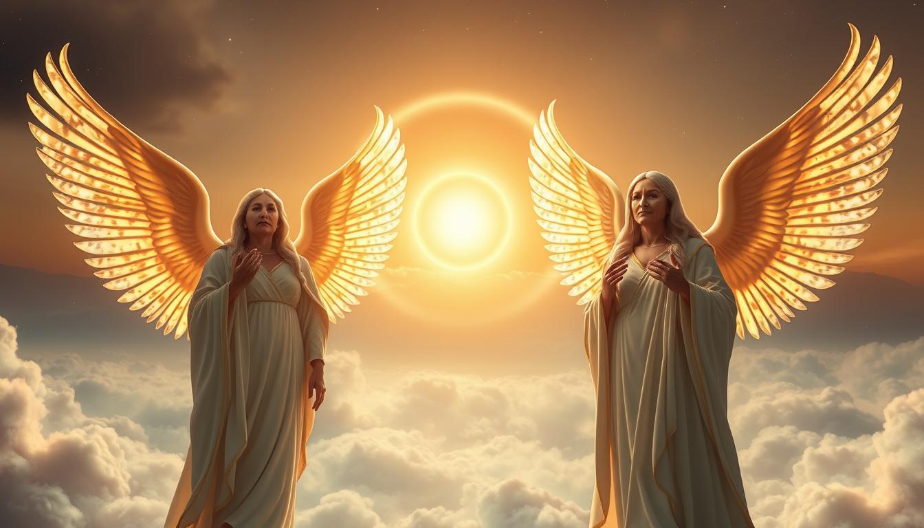 Arcanjos, the divine messengers, stand tall and radiant in an ethereal realm. Luminous wings unfurl, casting a warm glow upon the celestial landscape. Their faces, serene and wise, convey a deep connection to the divine. In the foreground, three arcanjos hover, their expressions tranquil yet commanding. The middle ground reveals a swirling dance of light and energy, as if the very fabric of the universe is alive. In the distance, a shimmering, golden halo illuminates the horizon, evoking a sense of transcendence and otherworldly beauty. Soft, diffused lighting bathes the scene, creating an atmosphere of reverence and wonder. Capture the essence of these heavenly emissaries, their presence a testament to the grandeur and mystery of the divine.