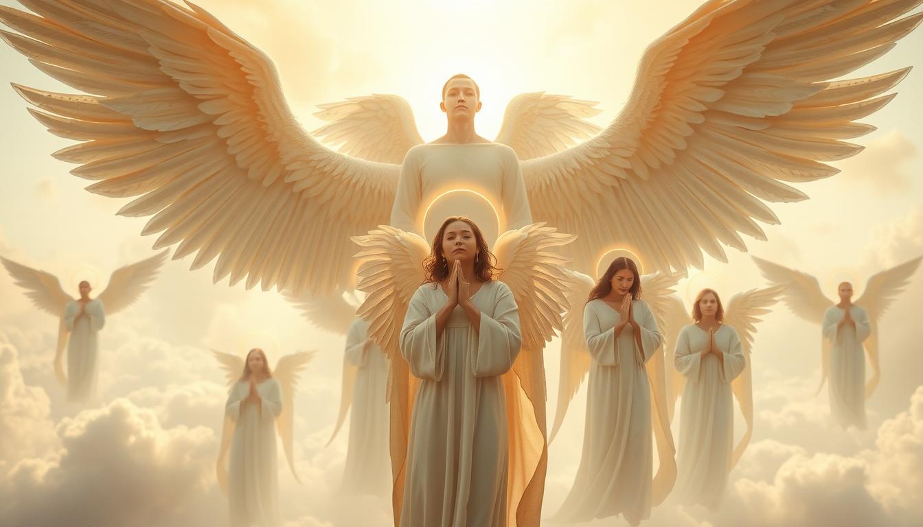 A serene celestial realm, where specialized angels stand vigilant, their ethereal forms bathed in a soft, golden light. In the foreground, winged beings hover gracefully, their expressions radiant with purpose. In the middle ground, angelic figures gesticulate with reverence, their robes flowing as they carry out their divine duties. The background depicts a vast, nebulous expanse, hinting at the boundless realm of the heavenly hierarchy. Subtle details, such as halos and shimmering auras, add to the sense of transcendent power and sacred responsibility. The composition captures the intricate and specialized roles these celestial guardians fulfill, showcasing their unique abilities and the harmony of the angelic realm.