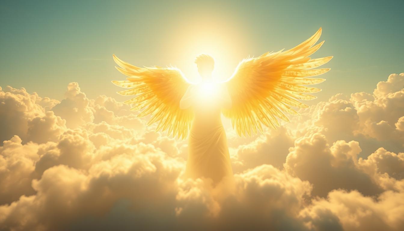 A luminous, angelic presence hovers over a serene, ethereal landscape. Billowing clouds of gossamer white fill the sky, bathed in a warm, golden glow. In the foreground, a resplendent, humanoid figure radiates a celestial light, their features indistinct yet emanating a sense of profound wisdom and benevolence. Intricate, feathered wings extend from their back, casting a soft, shimmering shadow upon the ground below. The overall atmosphere conveys a profound sense of tranquility, spiritual enlightenment, and the guiding influence of divine forces in the everyday lives of mortals.