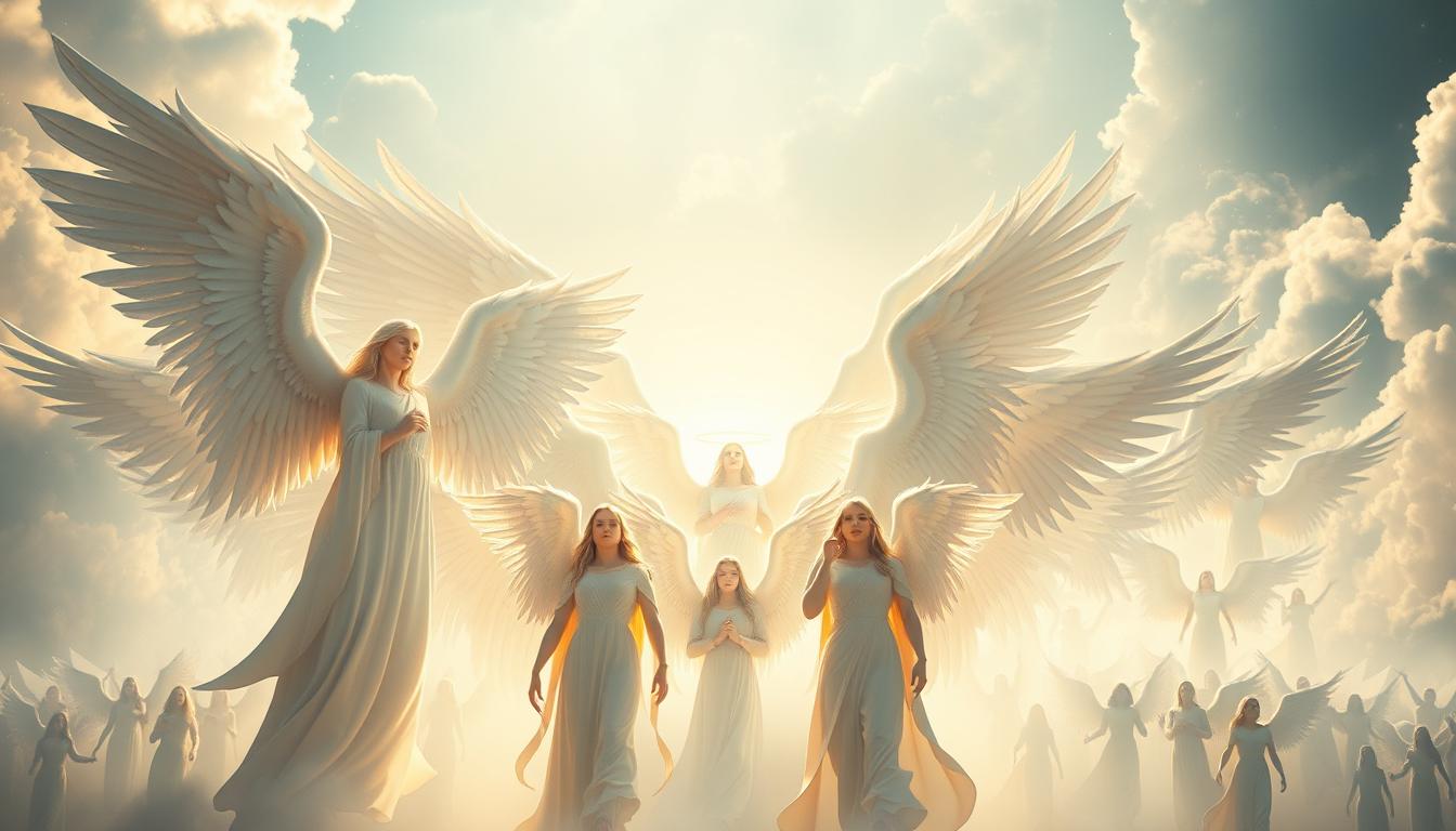 A divine hierarchy of celestial beings, an ethereal symphony of light and form. In the foreground, majestic archangels stand tall, their wings outstretched in a gentle embrace, radiating a serene, otherworldly presence. The middle ground reveals a celestial choir of angels, their faces alight with reverence, their robes billowing in a heavenly wind. In the distant background, a kaleidoscope of heavenly hosts converge, their silhouettes dancing in a realm of infinite wonder. Soft, diffused lighting casts a warm, ethereal glow, evoking a sense of transcendent beauty and the sacred mystery of the angelic realms.