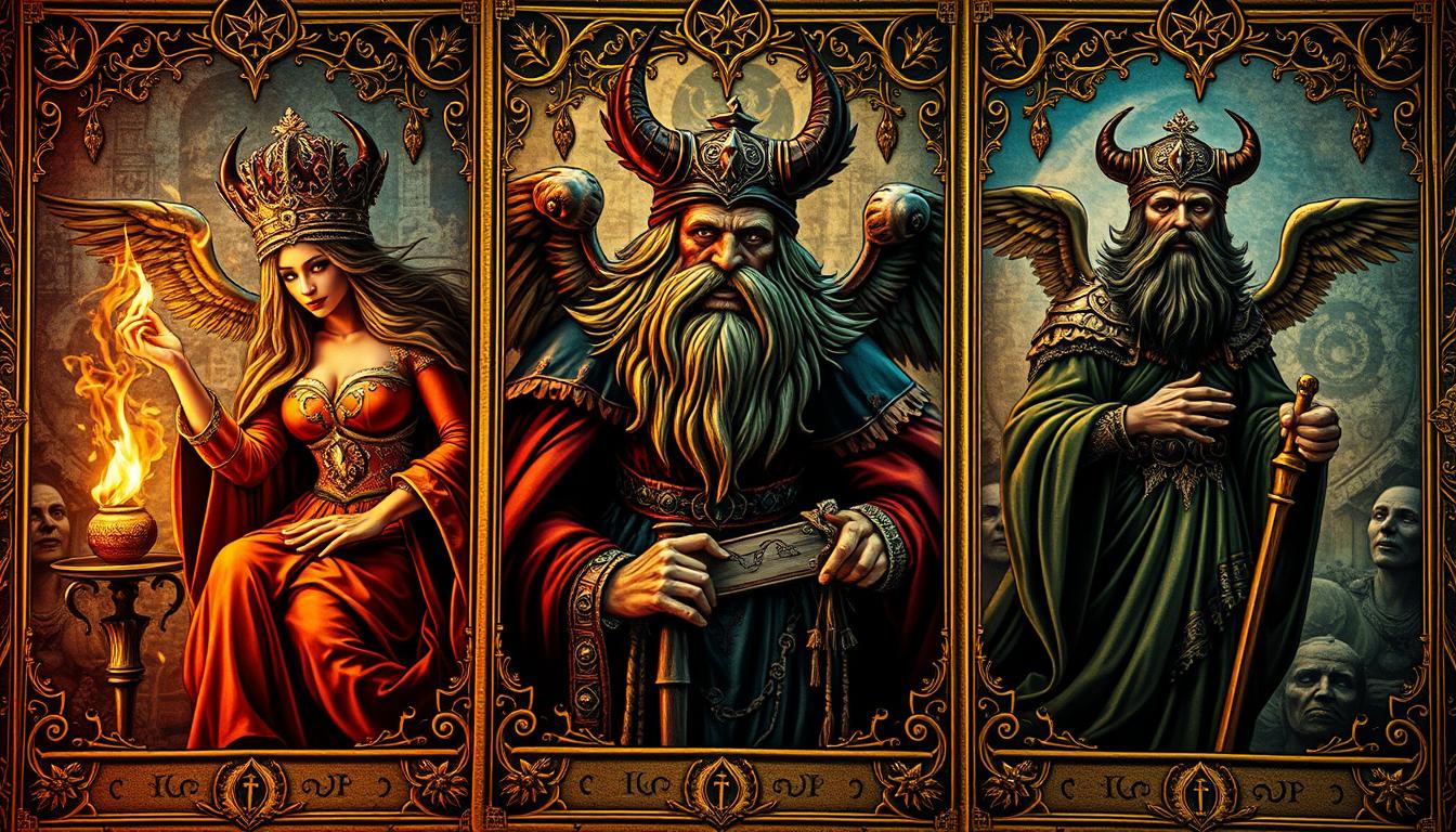 Cartas do Gilded Tarot com ilustrações digitais vibrantes em um estilo de fantasia.