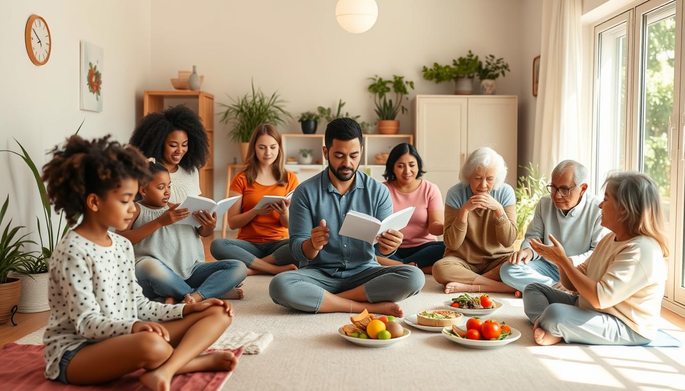 Diversas pessoas praticando autocuidado para todos em um ambiente acolhedor