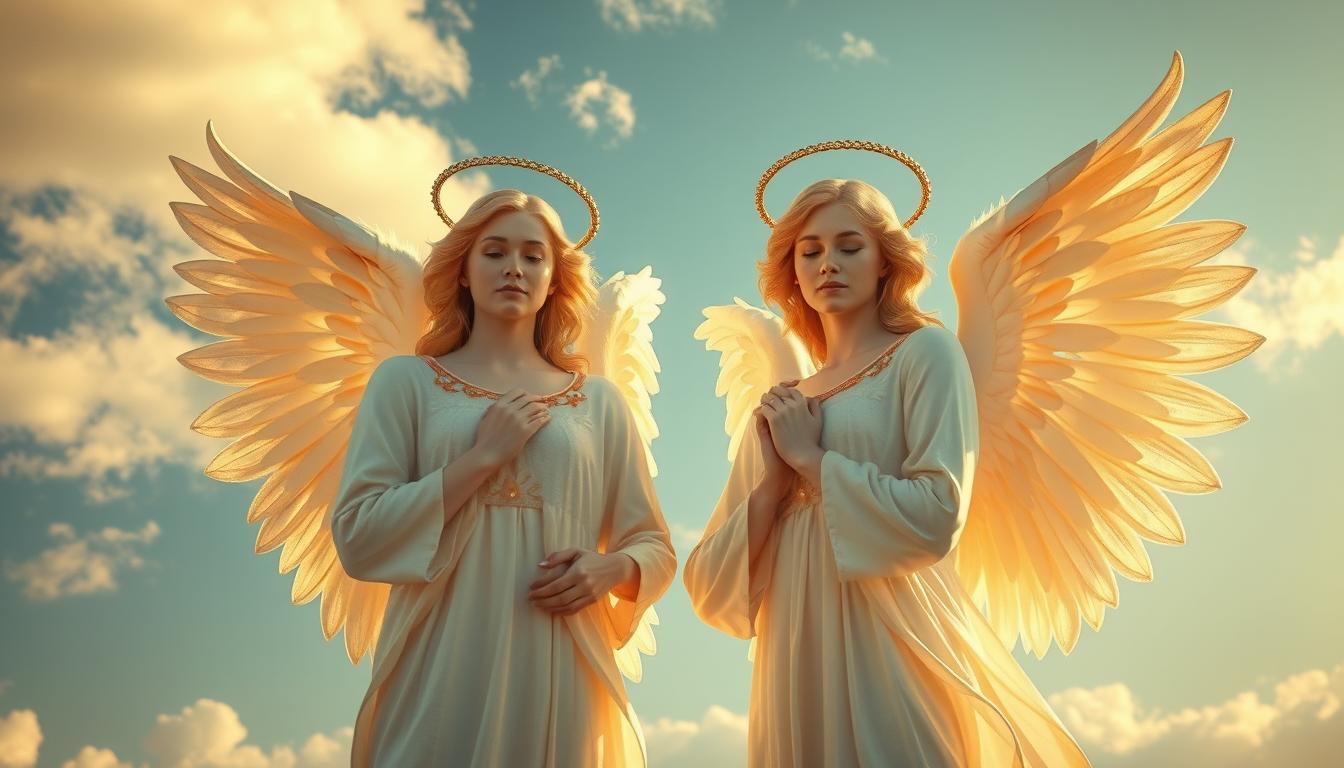 A pair of angelic guardians, their ethereal forms bathed in a warm, golden light that emanates from within. Delicate, feathered wings unfurl gracefully, casting soft shadows on the serene, cloud-dappled sky behind them. Their faces exude a profound sense of benevolence and steadfast protection, watchful eyes gazing down with unwavering vigilance. The guardians stand poised, ready to shield and guide those in their care, their presence imbuing a profound sense of peace and security. Intricate details of their celestial robes and halos glimmer, radiating a divine, otherworldly aura. This image captures the essence of the personal protectors within the angelic hierarchy, embodying the unwavering devotion and watchful guardianship they bestow upon humanity.