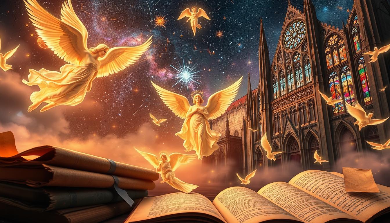 A celestial tapestry unfolds, tracing the history of angelic names through the ages. In the foreground, ancient tomes and scrolls flutter, their pages illuminated by a warm, golden light. Ethereal figures, their forms composed of swirling energy, hover amidst the scene, their names etched in celestial script. The middle ground reveals a vast, starry sky, where constellations and cosmic phenomena dance in a mesmerizing display. In the distance, a grand cathedral, its stained-glass windows casting kaleidoscopic hues, stands as a testament to the reverence and mysticism surrounding these divine beings. Soft, diffused lighting imbues the entire composition with a sense of timeless wonder, inviting the viewer to explore the rich tapestry of angelic nomenclature across the centuries.