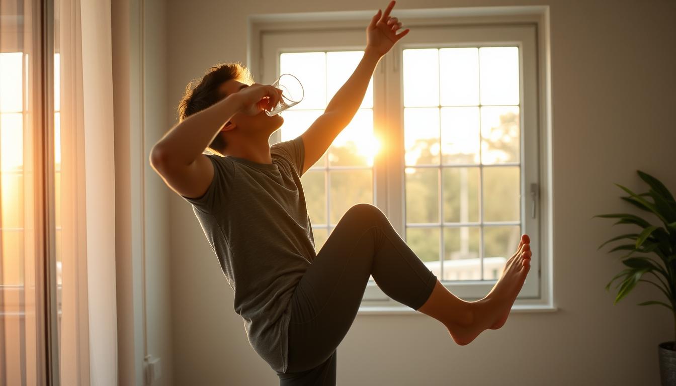 Pessoa realizando rotina matinal com hidratação e alongamento