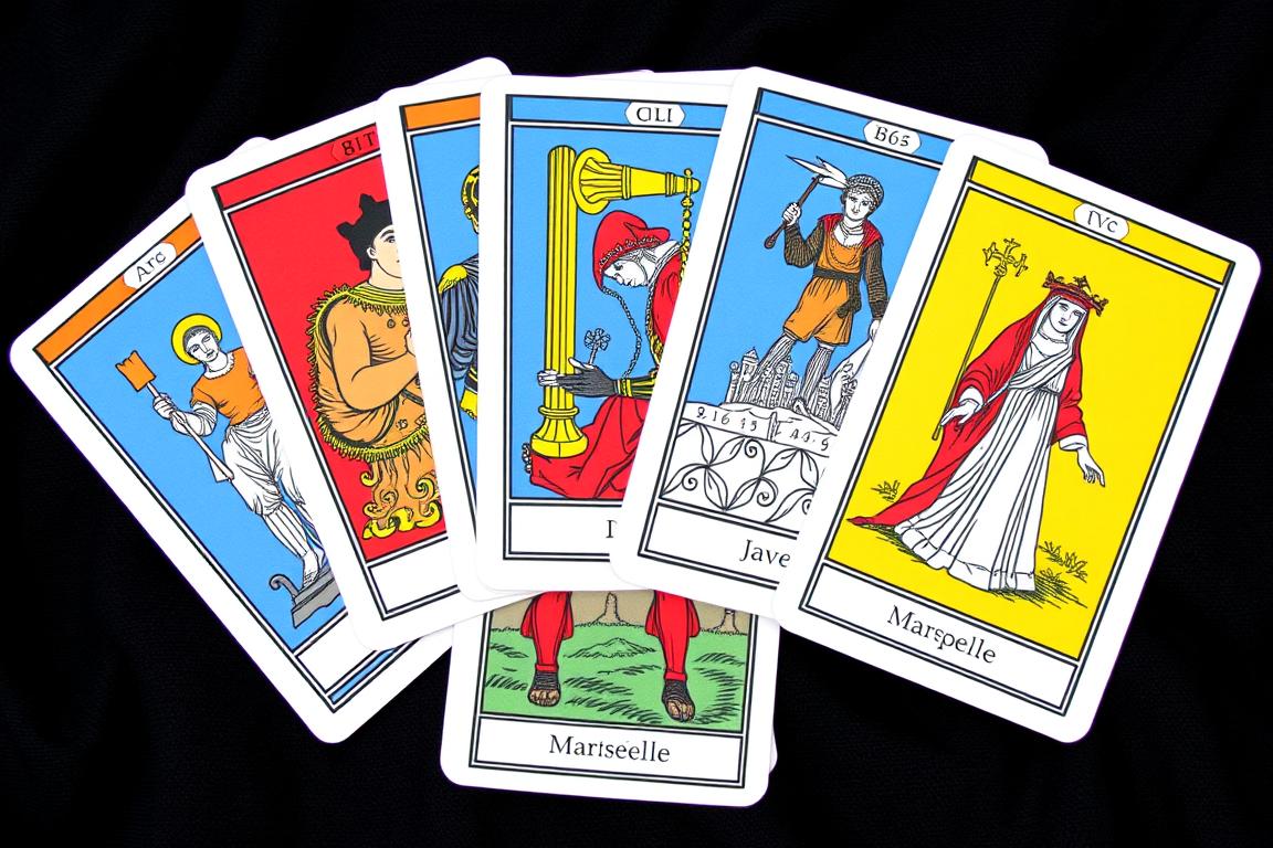 Cartas do Tarot de Marselha mostrando seu estilo característico com cores primárias vibrantes