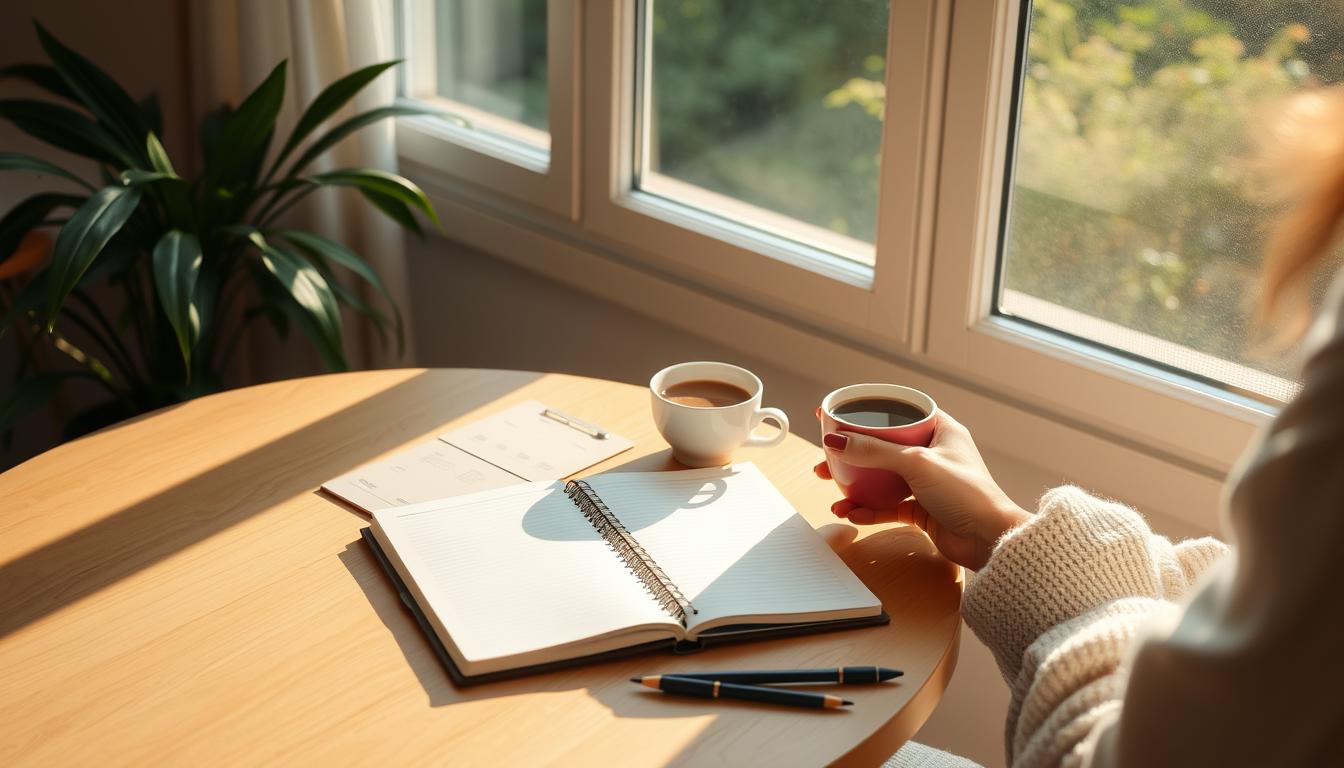 Pessoa realizando rotina matinal com café e planejamento do dia