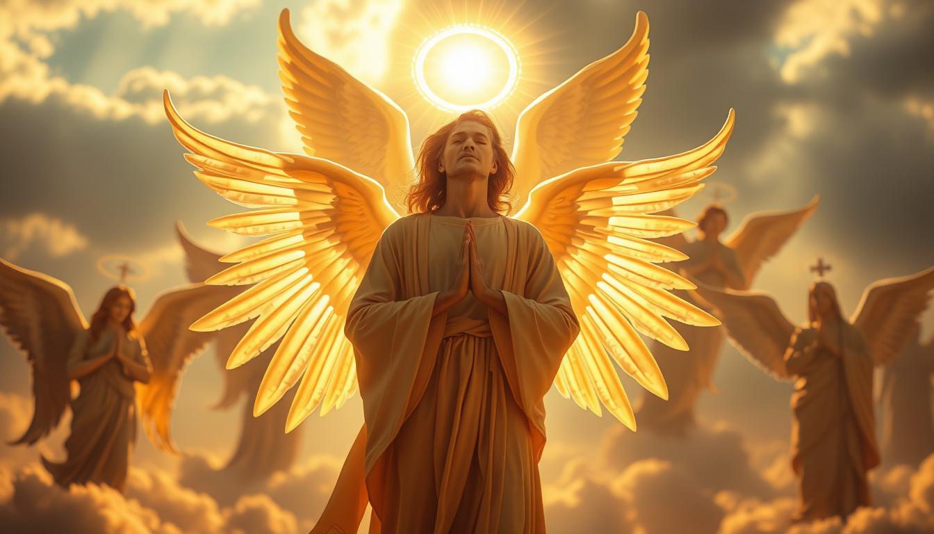 Conheça os Anjos: Guia Completo sobre Estes Seres Divinos Angelic figures from diverse religious traditions, appearing in a serene, ethereal composition. In the foreground, a radiant winged angel with a halo, bathed in warm, golden light. In the middle ground, a serene, contemplative angel in meditative pose, surrounded by celestial motifs. In the background, silhouettes of angels from different cultural and religious backgrounds, representing the diversity of angelic beings across faiths. The scene is suffused with a sense of divine harmony, inviting the viewer to reflect on the universal presence of these celestial guardians.