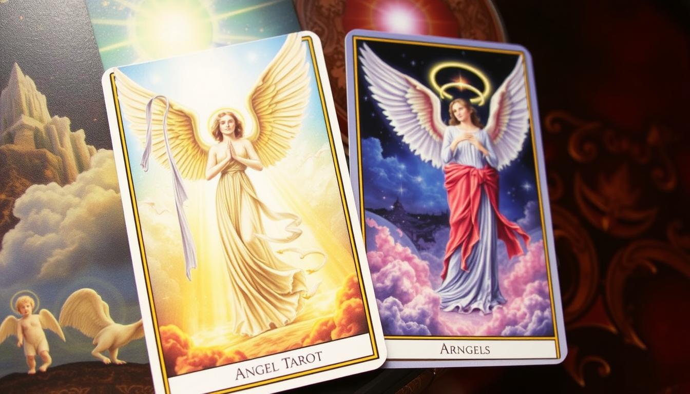 Cartas do Tarô dos Anjos com ilustrações luminosas de anjos e seres celestiais.
