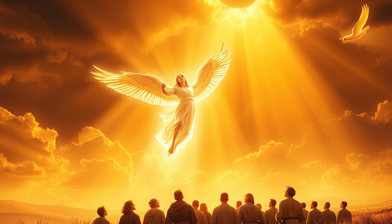 A vibrant, heavenly scene of angels appearing in the biblical narrative. In the foreground, a luminous, ethereal figure with outstretched wings descends from the sky, casting a warm, divine glow over the landscape. In the middle ground, a group of awestruck figures, their faces turned upward in reverence, bear witness to the celestial apparition. The background is a rich, golden-hued sky, with shafts of light piercing through clouds, creating an atmosphere of profound spiritual significance. The entire composition evokes a sense of wonder, transcendence, and the profound presence of the divine in the lives of those depicted.