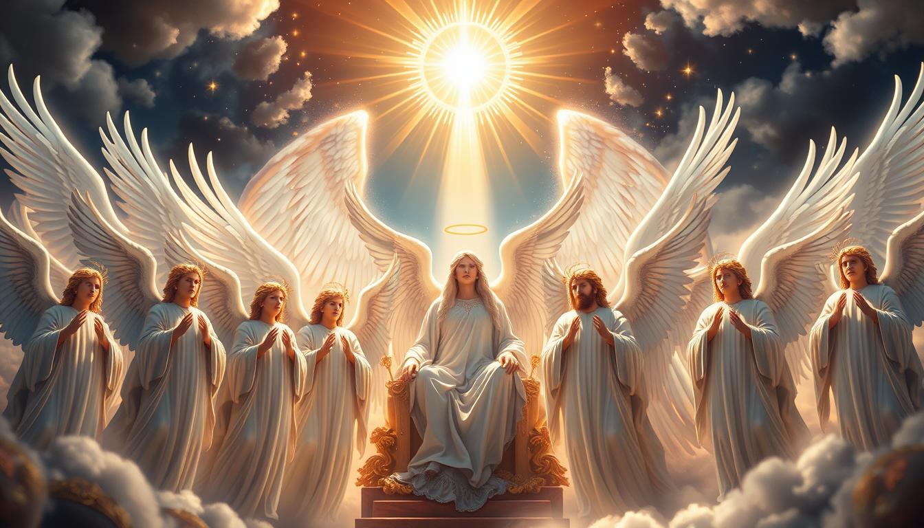 Angelic hierarchy, a celestial symphony in nine glorious choirs. In the foreground, radiant seraphim with six wings, their faces aglow with divine fire. In the middle, stately cherubim, guardians of God's throne, their eyes shimmering with ancient wisdom. In the background, the majestic thrones, dominions, and powers, arrayed in robes of celestial splendor, their forms casting a soft, otherworldly light. The scene bathed in an ethereal glow, as if touched by the very fingers of the Almighty. Capture the grandeur and order of the angelic host, their celestial ranks united in eternal worship.