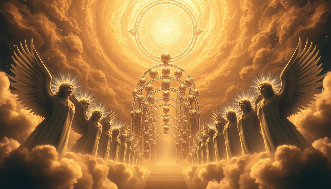 A vast, celestial domain filled with a hierarchy of divine entities, each radiating an ethereal glow. In the foreground, angelic beings with wings outstretched, their faces serene and expressions conveying a sense of profound wisdom and power. In the middle ground, an intricate arrangement of celestial spheres and arches, hinting at the complexity and structure of the heavenly hierarchy. The background is a swirling, nebulous expanse of shimmering cosmic energies, evoking a sense of the boundless and the transcendent. The lighting is soft and diffused, casting a warm, golden hue over the entire scene, creating an atmosphere of reverence and awe. The overall composition is symmetrical and balanced, reinforcing the idea of a carefully ordered and hierarchical divine system.