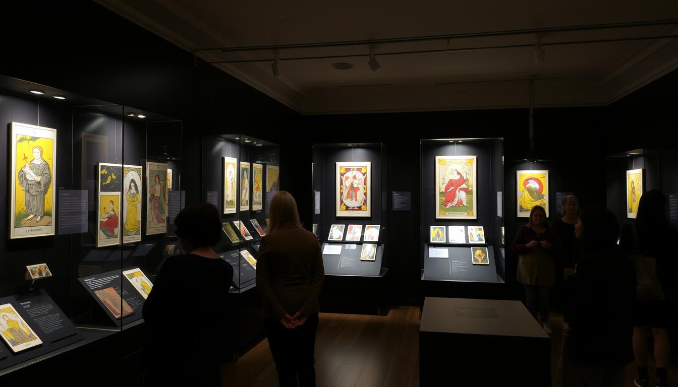 Exposição de baralhos de tarot históricos e contemporâneos em um museu, mostrando sua evolução artística e cultural
