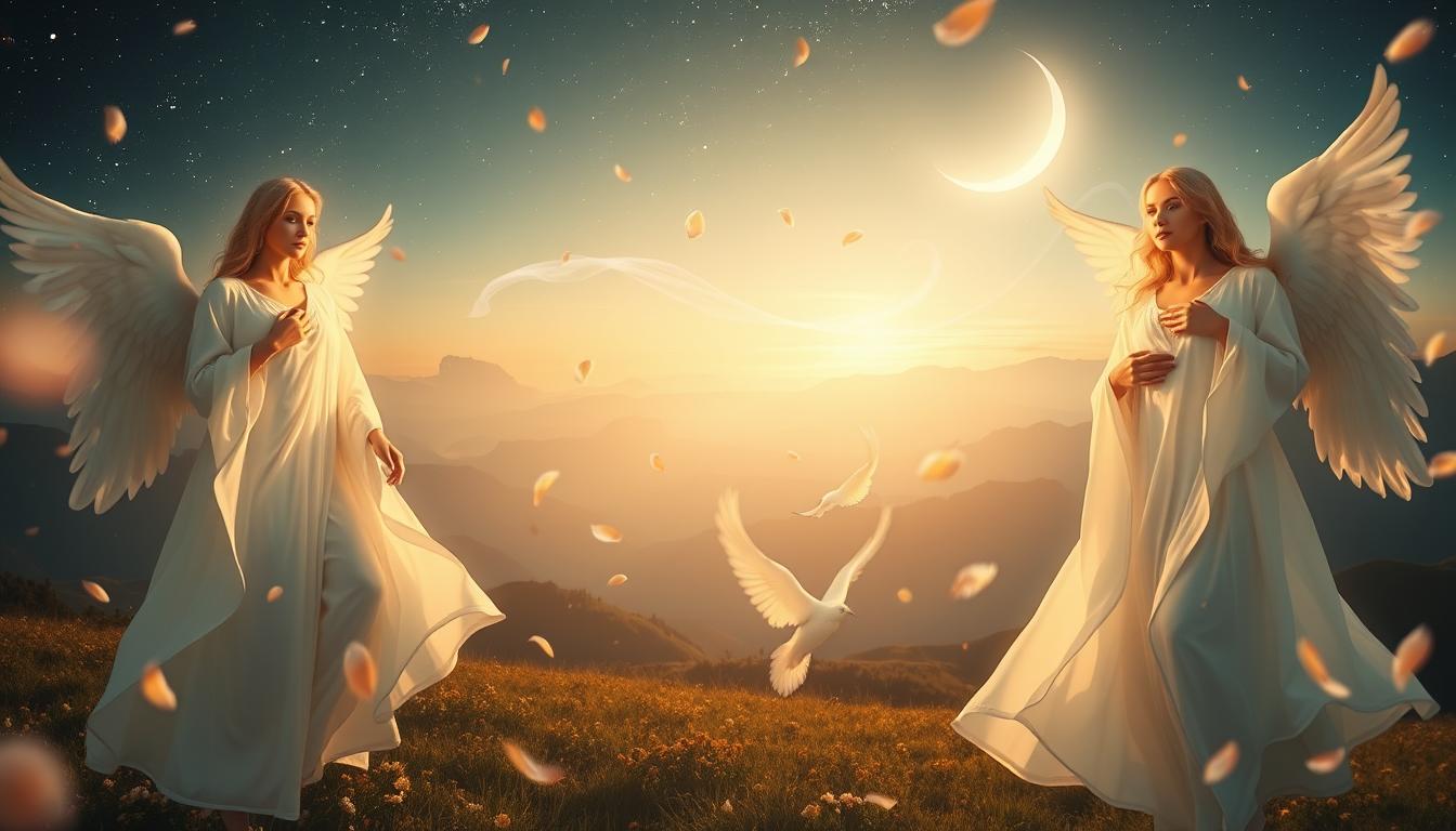 A serene celestial landscape with floating angelic figures in the foreground. Elegant feminine figures draped in flowing white robes, their faces radiating an ethereal beauty. Soft, warm lighting bathes the scene, creating an atmosphere of tranquility and spiritual transcendence. In the middle ground, wisps of ethereal energy swirl and dance, evoking a sense of the divine. The background features a starry night sky, the silhouettes of distant mountains, and a crescent moon casting a gentle glow. Delicate flower petals drift through the air, adding to the dreamlike, otherworldly ambiance. The overall composition conveys the grace, wisdom, and protective presence of feminine angelic guardians.