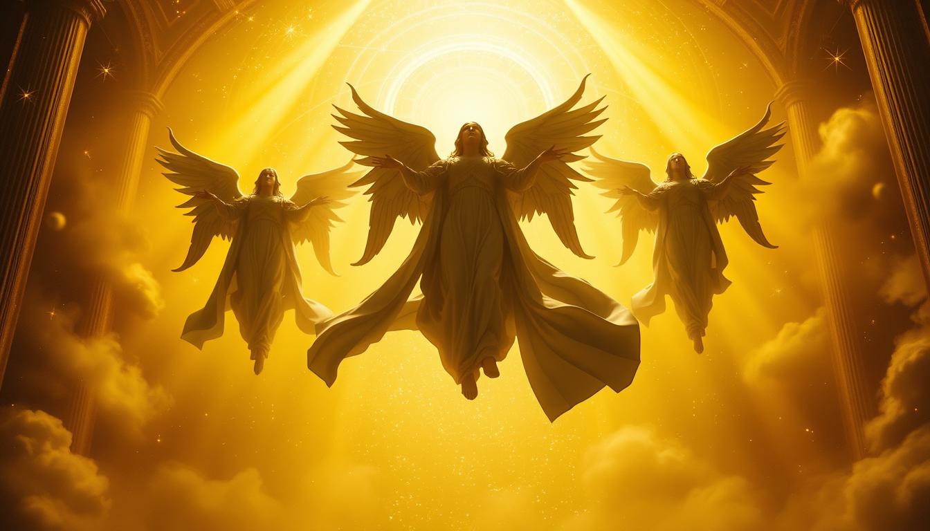 A grand celestial chamber, illuminated by golden ethereal light. In the foreground, three majestic angelic figures - Dominions, Virtues, and Potestates - hover in a serene, authoritative pose. Their robes flow and shimmer, reflecting the divine radiance that surrounds them. In the middle ground, a swirling cosmos of stars and celestial phenomena creates a sense of depth and grandeur. The background is shrouded in a hazy, ethereal mist, suggesting the boundless expanse of the heavenly realm. The mood is one of reverence, power, and the awe-inspiring nature of the celestial hierarchy.