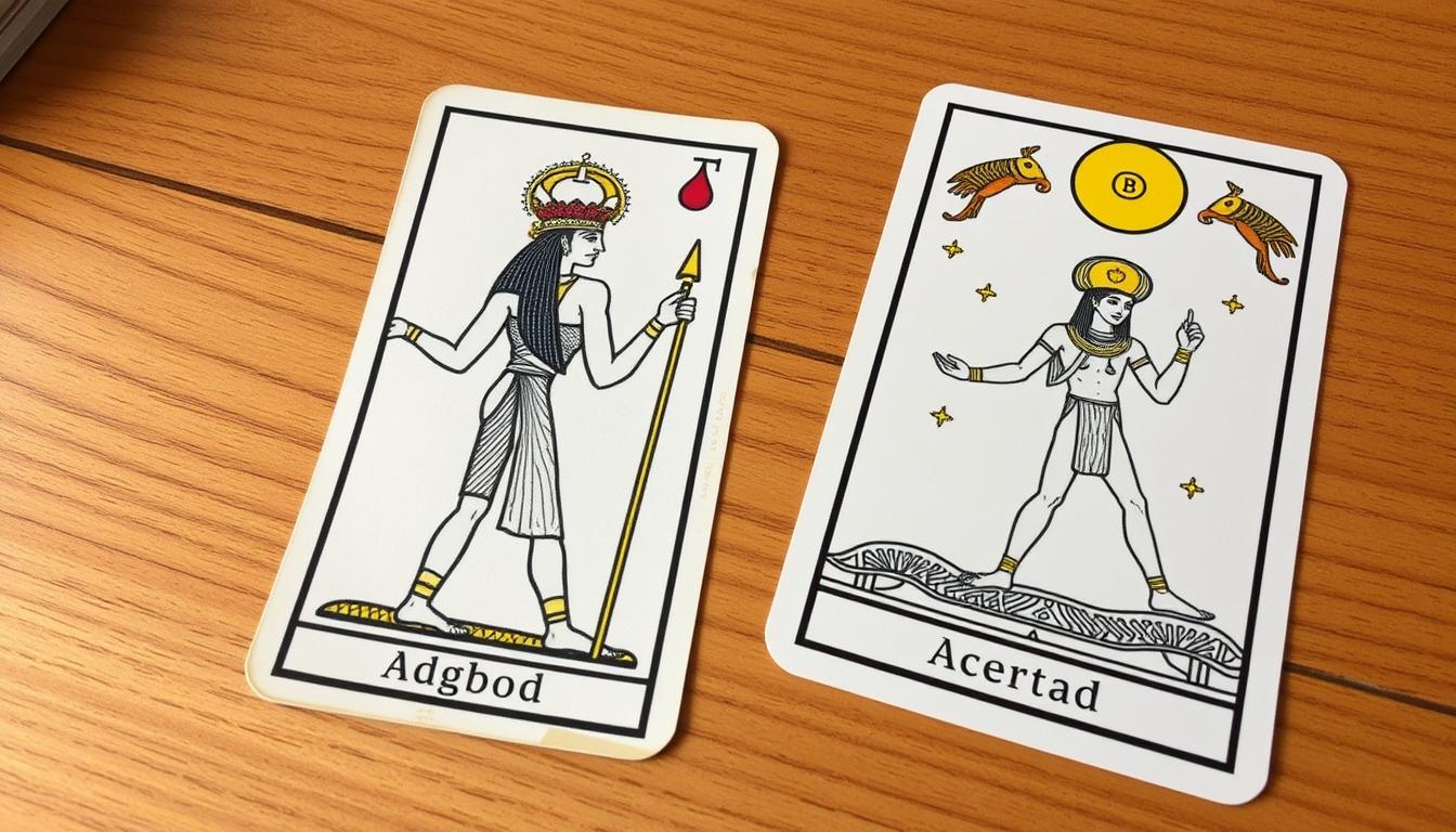 Cartas do Tarô Egípcio, mostrando deuses e símbolos do Antigo Egito.